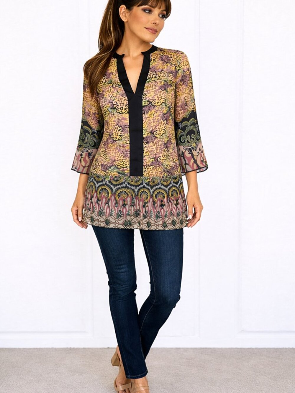 Multicolor Indie Print Cotton/Silk Blend Flare Slv V-Neck Tunic Boho Floral Gift